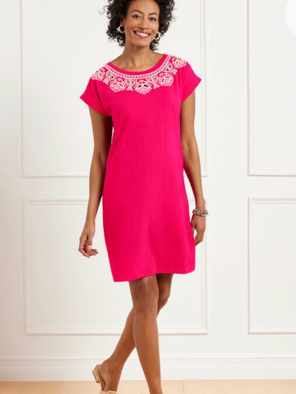 Talbots Hot Pink Tee Tunic with White Embroidered Neckline